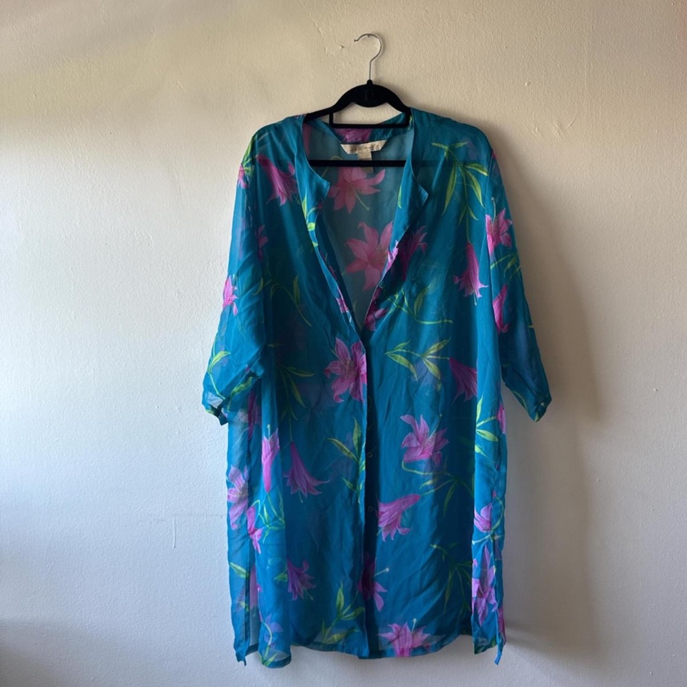 Vintage Lane Bryant Teal and Pink Floral Kimono